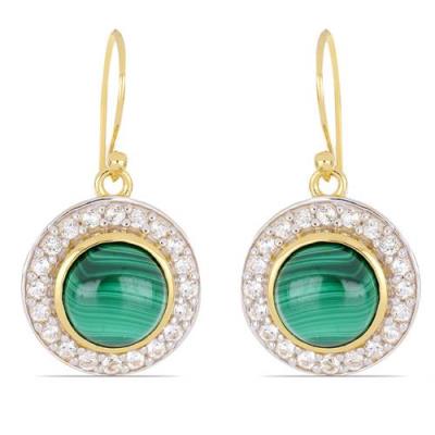 BUY 925 SILVER GOLD PLATED NATURAL MALACHITE GEMSTONE HALO EARRINGS